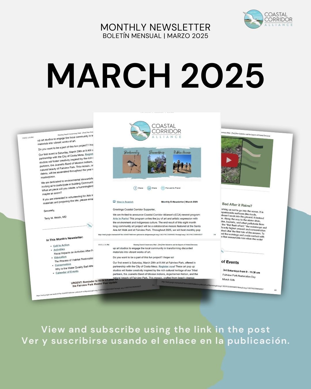 Coastal Corridor Alliance’s March 2025 newsletter promo, featuring key topics like environmental impact, water quality, and a community art project. Subscribe via the link in the post.