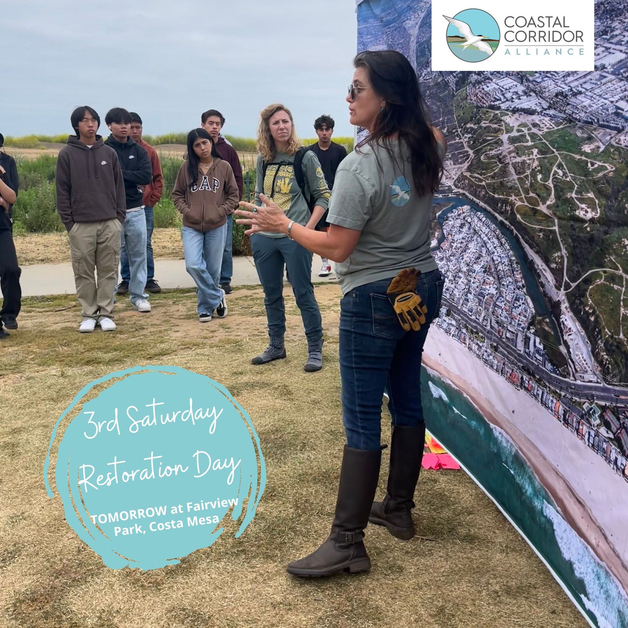 Dr. Tanya Hoerer presents to a group of attentive restoration participants outdoors, standing near a map on an easel. The image includes text: "3rd Saturday Restoration Day TOMORROW at Fairview Park, Costa Mesa - Coastal Corridor Alliance.