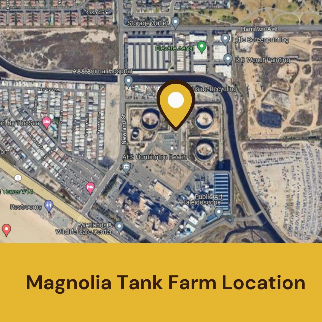 A Google Earth Map with a point on the Magnolia Tank Farm with a yellow banner across the bottom reading Magnolia Tank Farm Location in brown font.