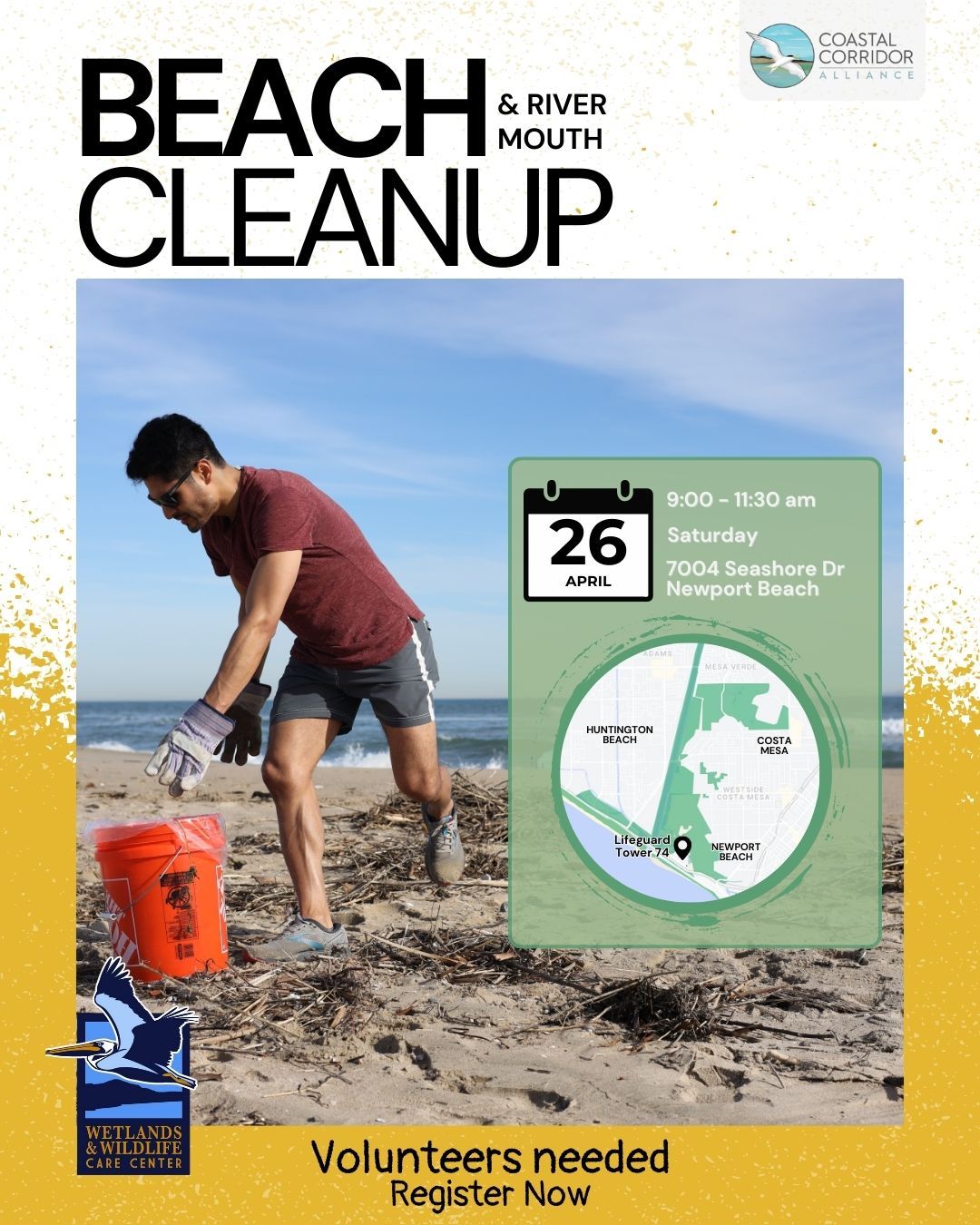 Man cleaning beach with event details: Beach & River Mouth Cleanup, April 26, 9–11:30 AM, Newport Beach. Includes map, logos, and 'Volunteers needed' message.