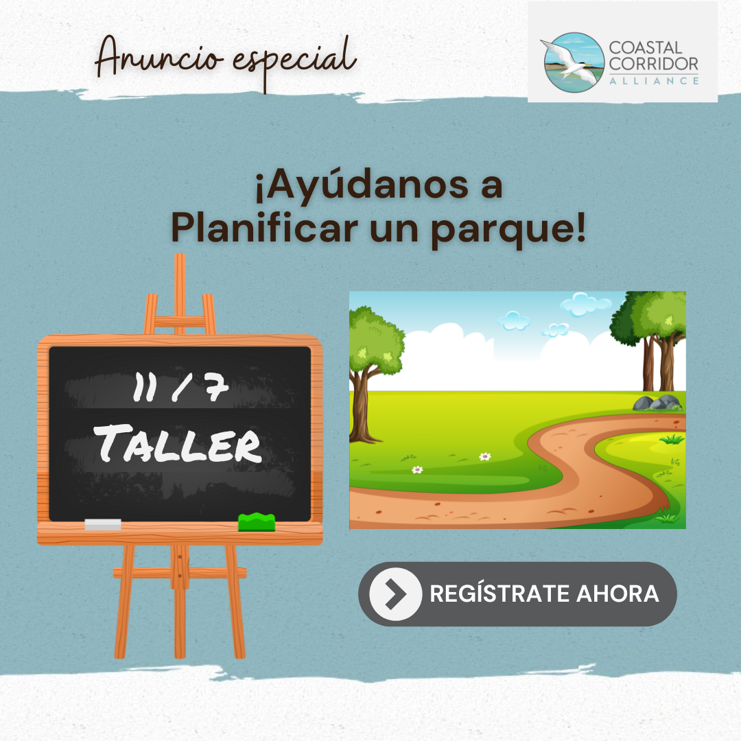 A graphic that reads "Special Announcement." On the right is the CCA logo. In the Center is the phrase: Help Us Plan a Park! On the left is a chalkboard that reads: 11/7 Workshop. On the right is a graphic of a park with a trail and trees. Below it is a Register Now button. The text is in Spanish.