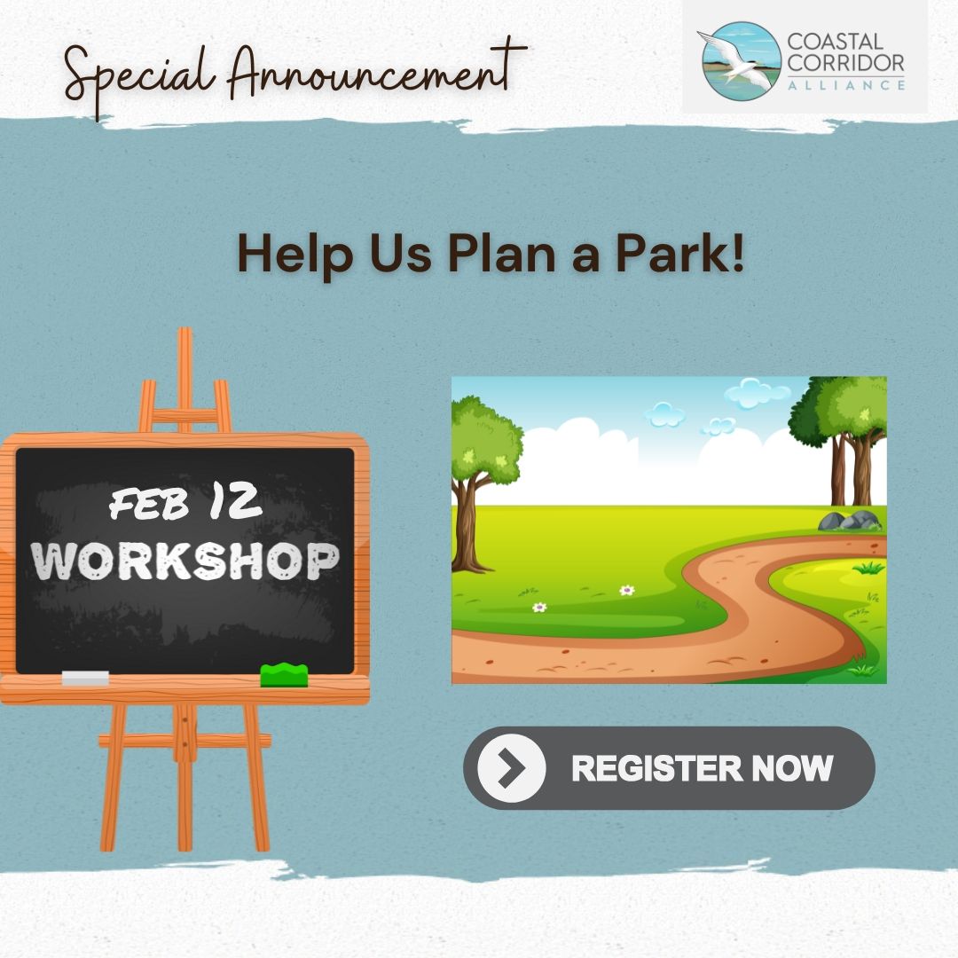 An image with the phrase Special Announcement: 2/12 Workshop on a chalk board easel with Help Us Plan a Preserve, Register Now in the center. On the right is a graphic of a park with trees, grass and a trail against a blue background with paint brush edges. The text is in Spanish.