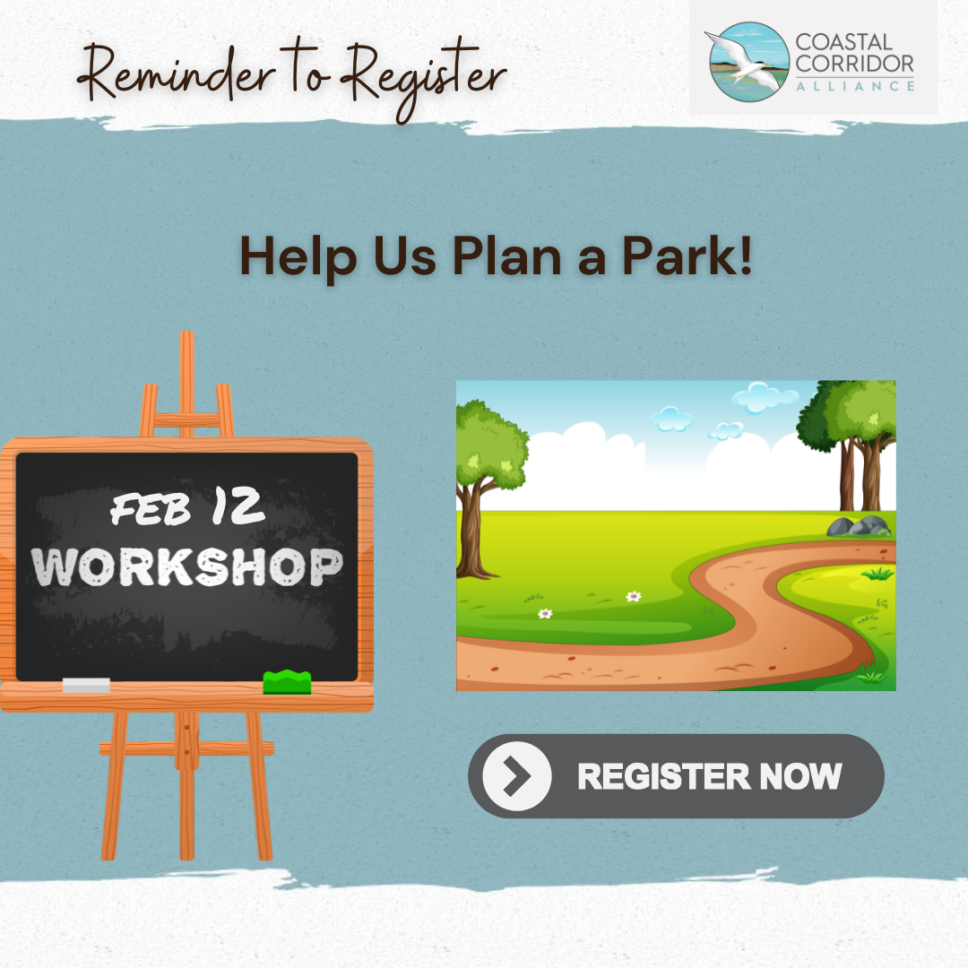 An image with the phrase Reminder to Register: 2/12 Workshop on a chalk board easel with Help Us Plan a Preserve, Register Now in the center. On the right is a graphic of a park with trees, grass and a trail against a blue background with paint brush edges.