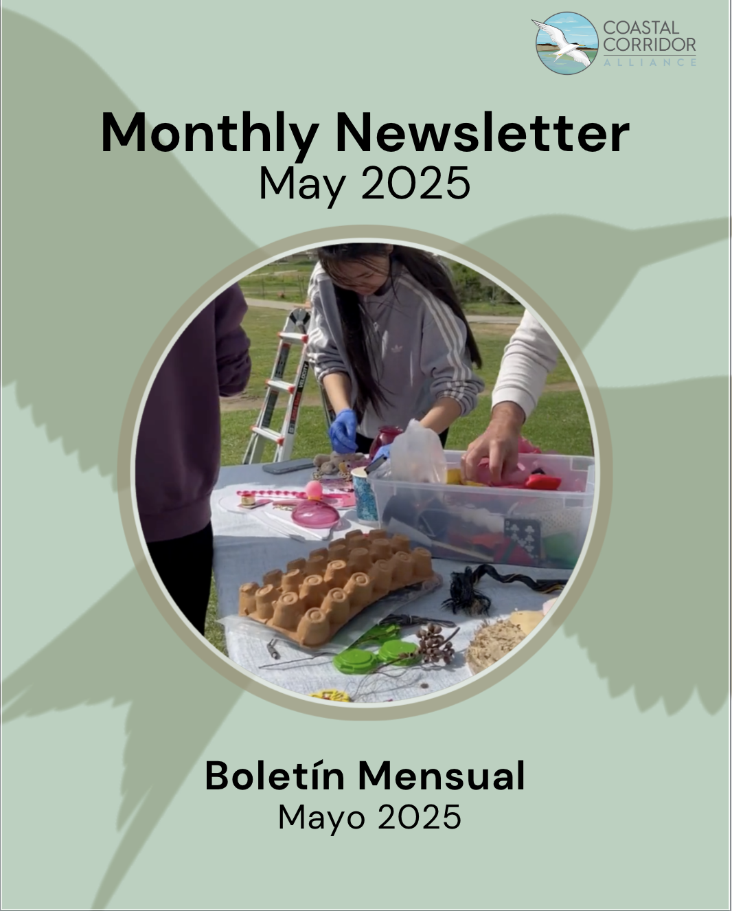 May's newsletter announcement. A picture of children making art with a shadow of a least teran in the background.