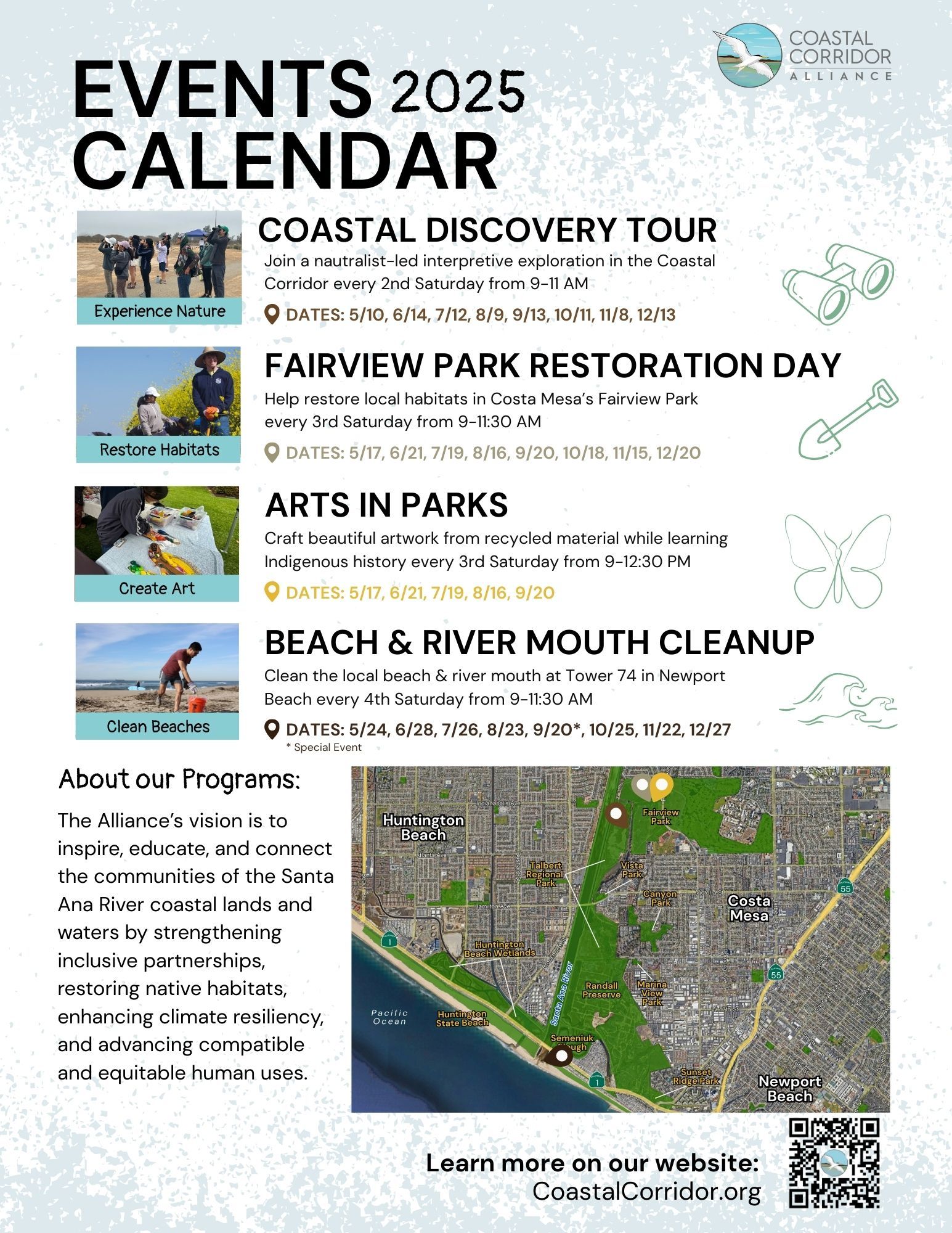 Coastal Corridor Alliance’s 2025 event calendar listing monthly beach cleanups, park restoration days, arts events, and nature tours.