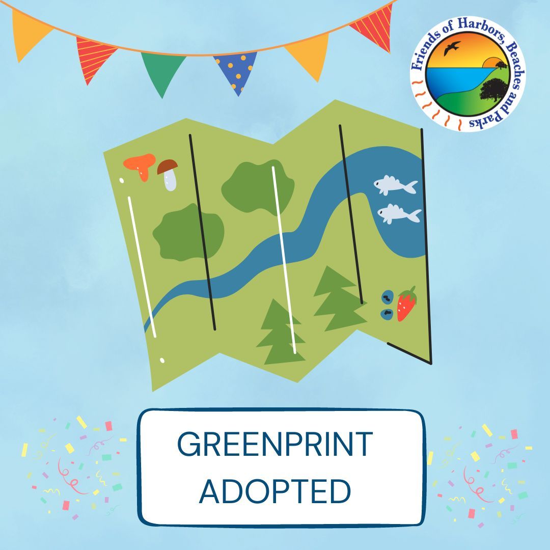 A light blue background with the FHBP logo, festive celebratory banner across the top, a map with natural features, and the phrase Greenprint Adopted with confetti nearby.