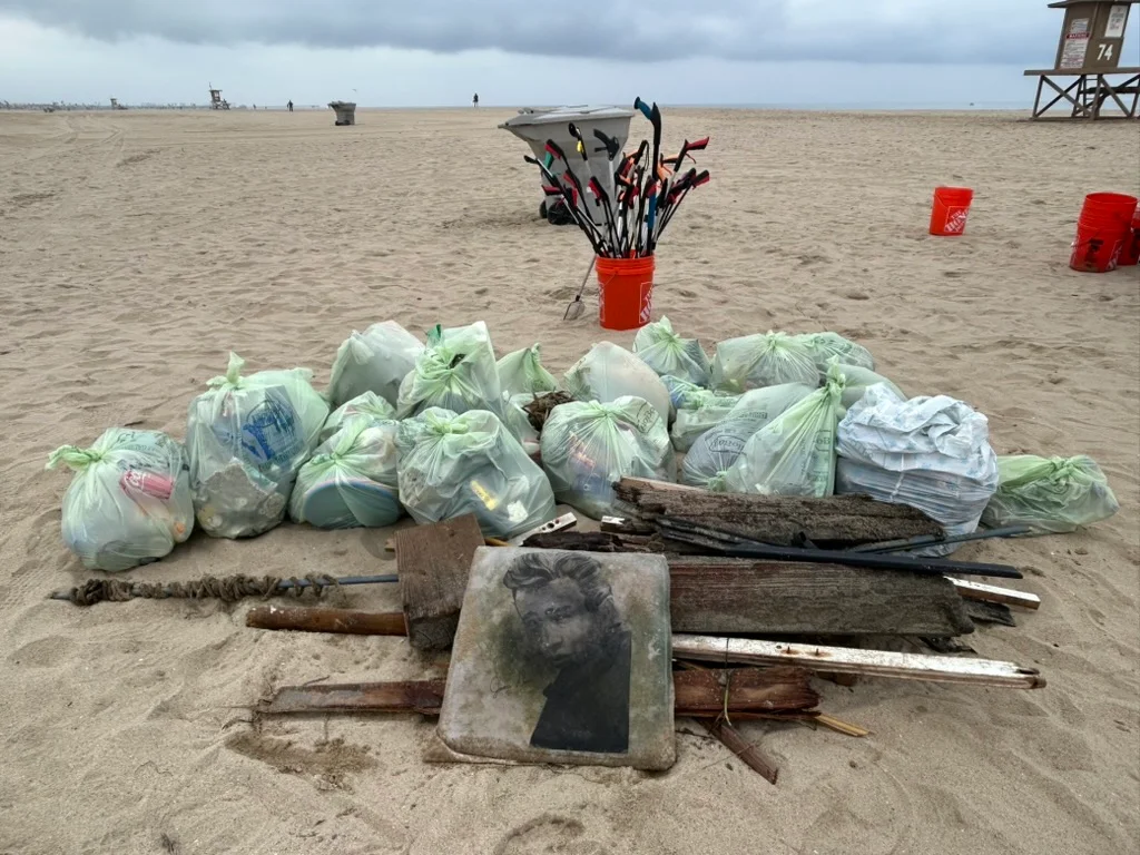 Trash pile after the Beach Cleanup on Newport Beach.