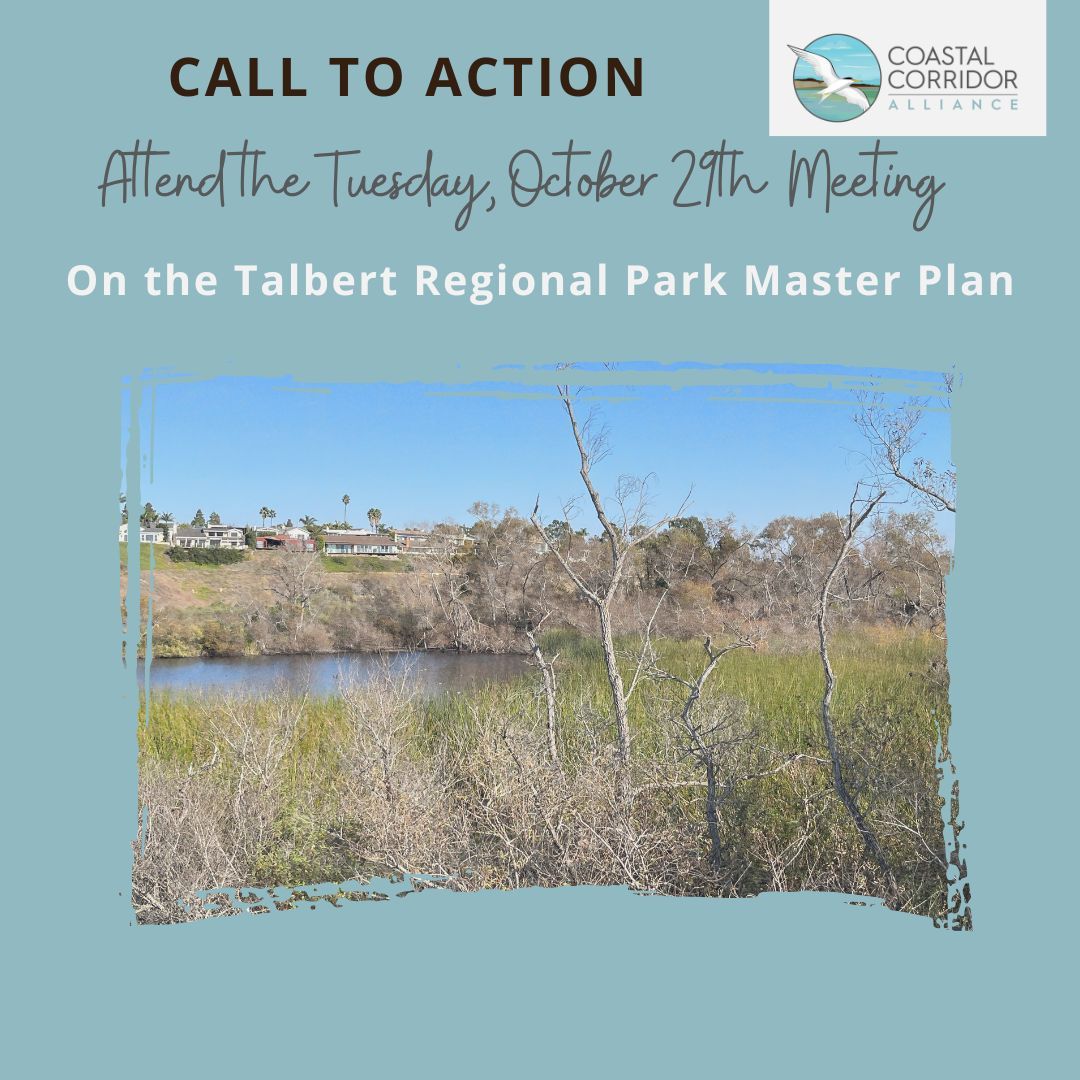 Call to action graphic inviting the community to attend a meeting on the Talbert Regional Park Master Plan, scheduled for Tuesday, October 29th. The Coastal Corridor Alliance logo is visible in the top right corner, and a serene view of the park's natural landscape, featuring a pond, dry brush, and distant houses, is displayed below.