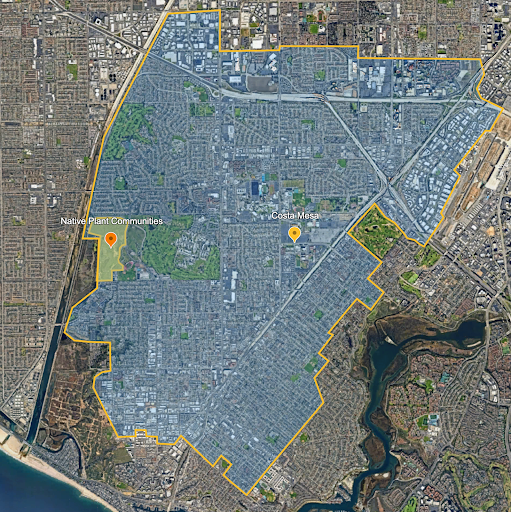 An outlined map of Fairview Park in Costa Mesa