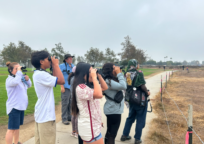 A group of people looking through binoculars in a park setting.