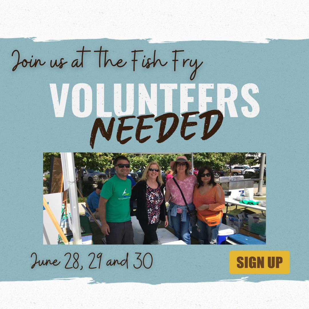 An image with a photo of people at a booth set against a blue background with paint brush edges. The text reads: Join us at the Fish Fry, Volunteers Needed June 28, 29, and 30th. There is a yellow button at the bottom to sign up.