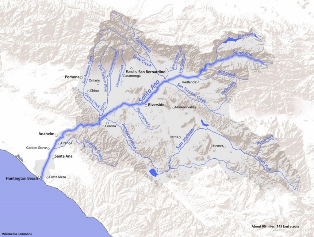 An elevational map with the creeks and streams that drain into the Santa Ana River.