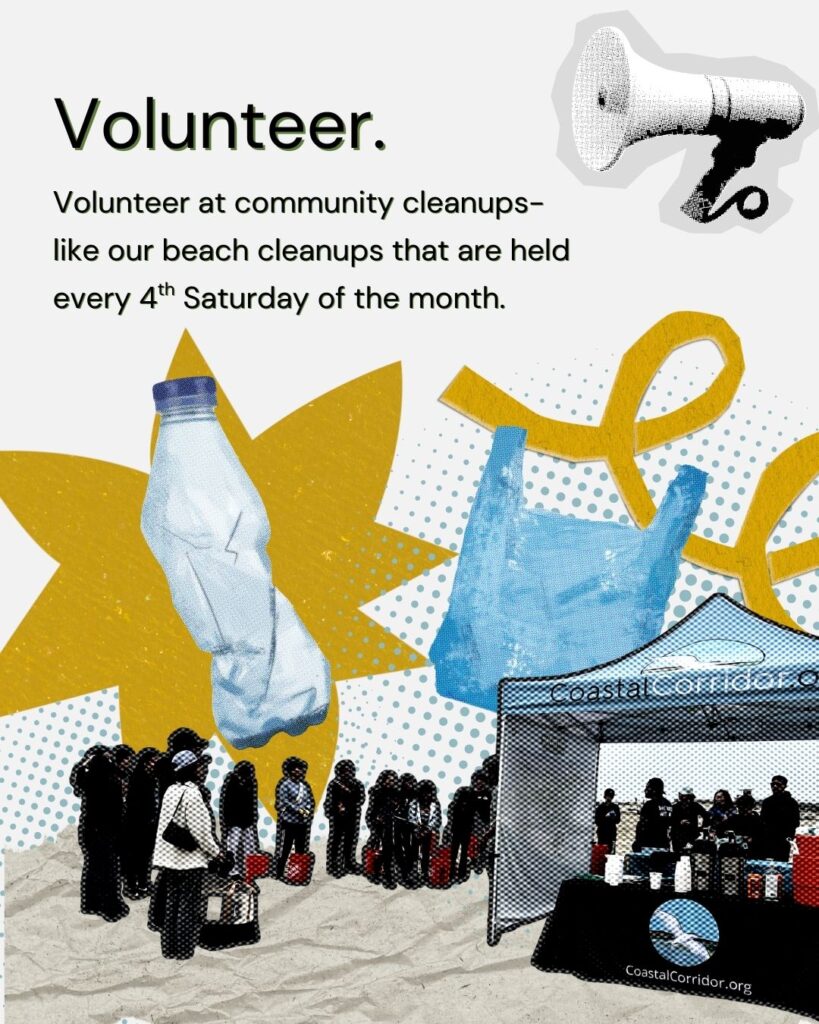 A community beach cleanup scene with a Coastal Corridor tent, plastic waste illustrations, and a megaphone. Text invites people to monthly volunteer cleanups on the 4th Saturday.