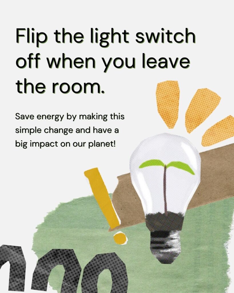 A glowing light bulb with a small green sprout inside sits above the number "100" with yellow rays and an exclamation mark. Text urges saving energy by turning off lights.