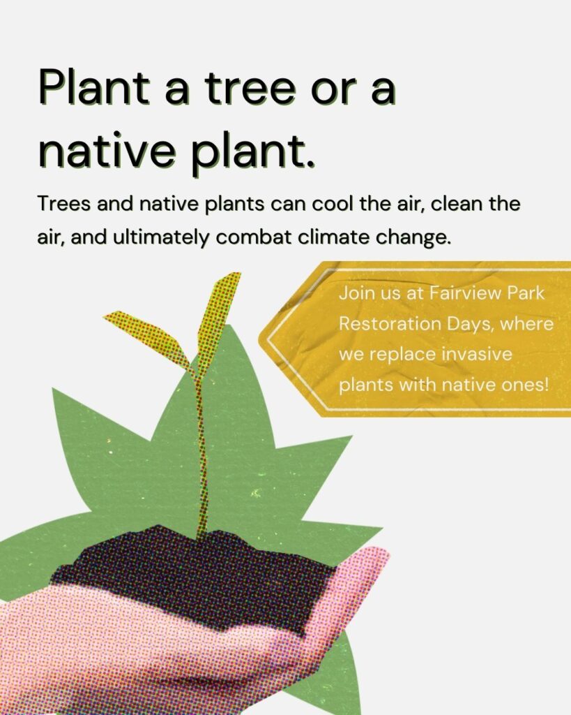 A hand holds a small plant growing from soil with green leaves and a stitched leaf pattern in the background. Text encourages planting trees or native plants to combat climate change, with a callout promoting Fairview Park Restoration Days.